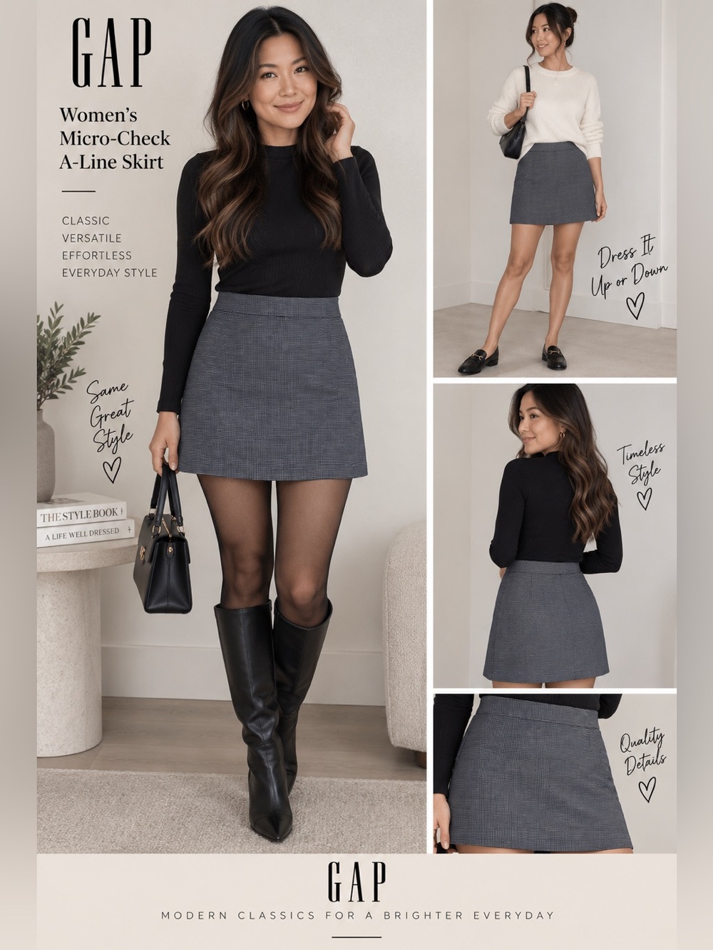 GAP Women’s Micro-Check A-Line Skirt Size 8 Charcoal Navy